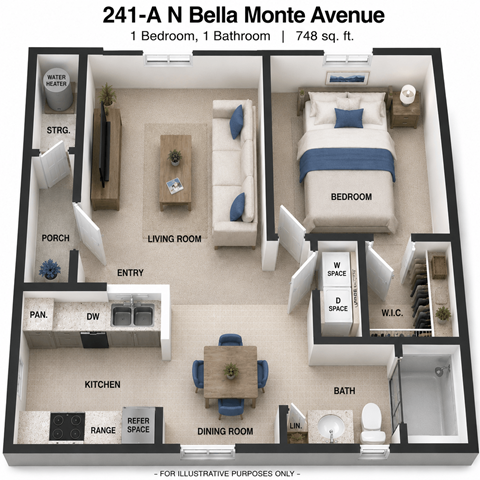 Floor plan for 1 bed, 1 bath, 748 sqft
